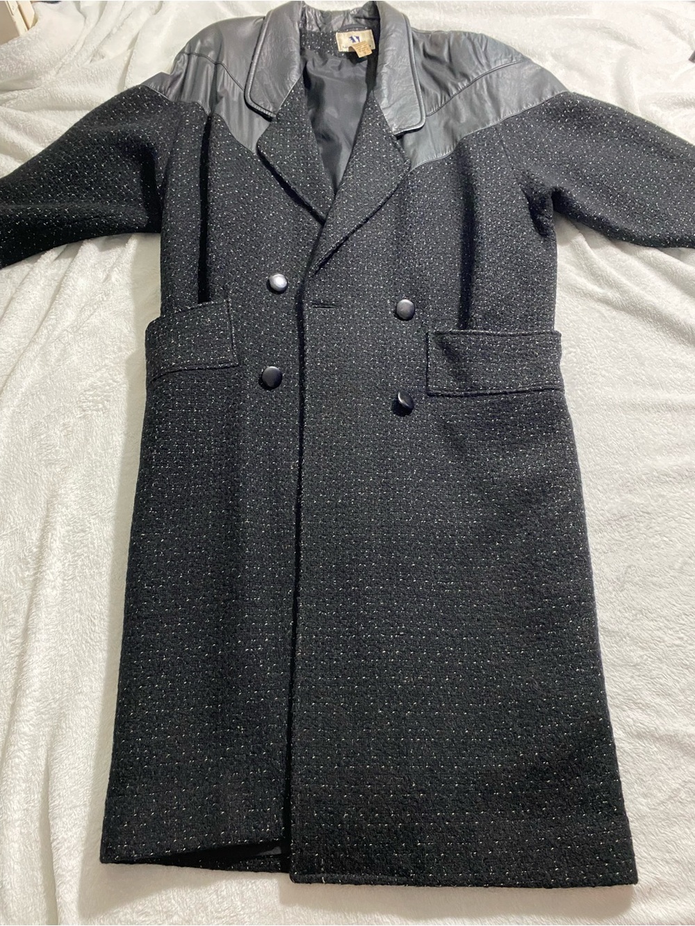 Men's Black David Benjamin Wool Double-Breasted Pea Coat with Leather Yoke